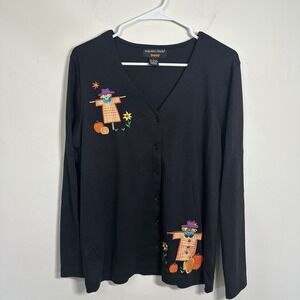 Hampshire Studio Boo! Large Black Fall Cardigan Pumpkins‎ Scarecrow Halloween